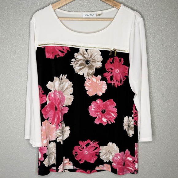 Calvin Klein Collection Tops - Calvin Klein Black Floral Top White Contrast Panels Gold Zip Stretch Blouse L‎